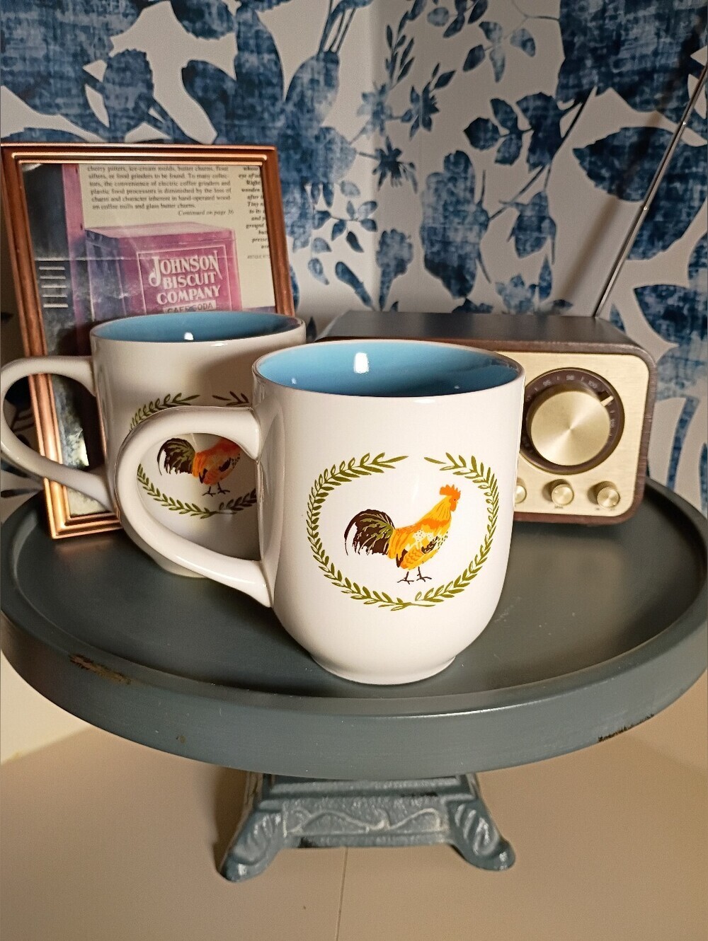 Farmhouse Rooster Coffee Mug Set of 2 Blue Interior White Ceramic Country